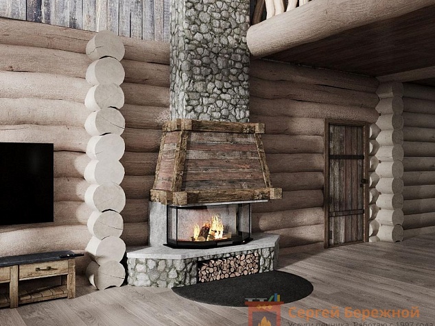 Фото Камин кирпичный пристенный на территории охотничей базы